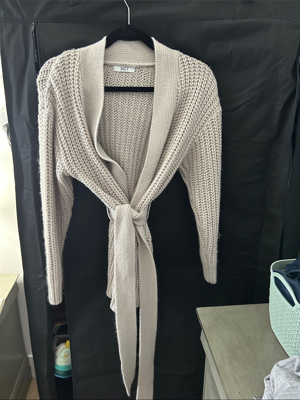 Suzy Shier Light Taupe Tie-Front Knit Cardigan